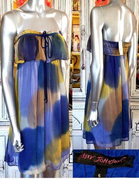 Vintage Betsey Johnson Silk Dress Y2K Strapless Ruffle Tie Dye Chiffon Size 6 S